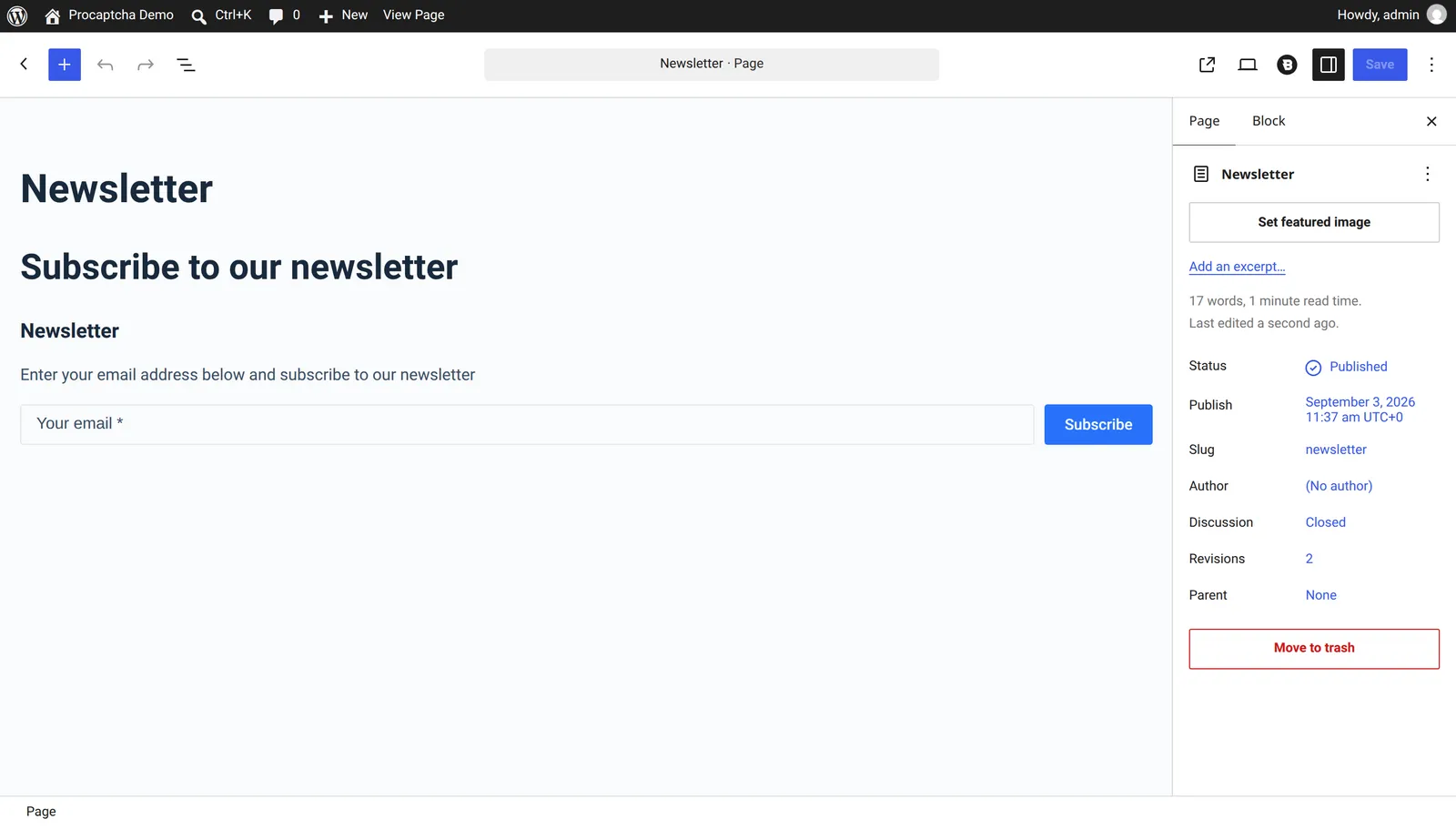Der Blocksy-Newsletter-Block im WordPress-Block-Editor